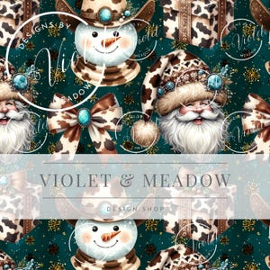 May include: A repeating pattern featuring a snowman, Santa Claus, and gift boxes, all adorned with a cowhide print and turquoise accents. The design includes a bow and snowflakes on a dark teal background. The text "Violet & Meadow" is visible.