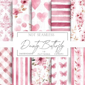 Può includere: Una collezione di dieci motivi ad acquerello rosa con disegni floreali, a cuore e a farfalla. I motivi includono strisce, pois e uno stile damascato. Il testo "NOT SEAMLESS" e "Dainty Butterfly" sono anch'essi visibili.