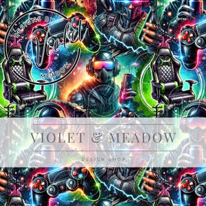 May include: A colorful digital illustration featuring a gamer with a headset and a controller, a gaming chair, and the text "Designs by Violet & Meadow".