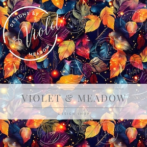 May include: A seamless pattern featuring colourful autumn leaves with glowing lights on a dark background. The text "Violet & Meadow Design Shop" is displayed in the centre of the image.