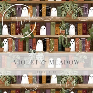 May include: A repeating pattern featuring a bookshelf with books, plants, and white ghost illustrations. The text "VIOLET & MEADOW DESIGN SHOP" is visible. The color palette includes shades of brown, green, purple, and white.