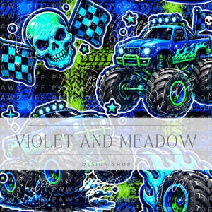 May include: A digital pattern featuring blue and green monster trucks, skulls, and checkered flags against a dark background. The design includes flame motifs, tire tracks, and stars. The text VIOLET AND MEADOW DESIGN SHOP is centered.