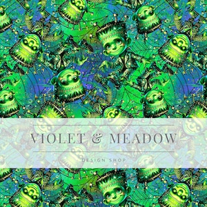 May include: A seamless pattern featuring green and blue Frankenstein monsters with glitter accents on a green and blue background with spiderwebs. The text "VIOLET & MEADOW DESIGN SHOP" is at the bottom of the image.