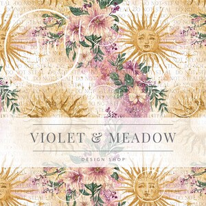 May include: A repeating pattern featuring a sun with a face, floral arrangements, and the text "VIOLET & MEADOW DESIGN SHOP." The design incorporates shades of gold, pink, purple, and green, creating a bohemian aesthetic.