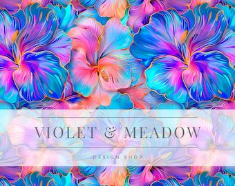Neon Seamless Flowers Glowing | Flowers | Cute Seamless Repeat Pattern | Backgrounds | Printable Decorative  Digital Paper| Cute Paper