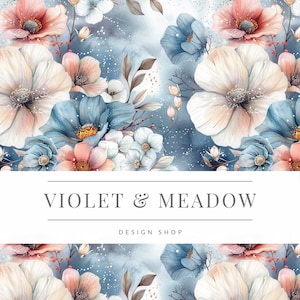 Op de afbeelding: Een aquarel bloemenpatroon met blauwe, roze en witte bloemen op een blauwe achtergrond met gouden glitteraccenten. De tekst "VIOLET & MEADOW DESIGN SHOP" wordt weergegeven op een witte banner.