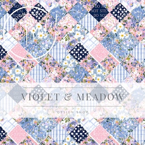 May include: A patchwork design featuring a mix of floral, polka dot, and striped patterns in shades of blue, pink, and white. The text "VIOLET & MEADOW DESIGN SHOP" is displayed at the bottom of the image.