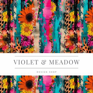 May include: Abstract floral pattern with bright colors, including pink, yellow, orange, and teal, on a white background. The text "VIOLET & MEADOW DESIGN SHOP" is centered at the bottom of the image.