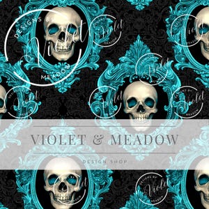 Op de afbeelding: Een herhalend patroon met witte schedels met turquoise blauwe ogen en accenten, omlijst in sierlijke turquoise barokstijl frames, tegen een zwarte achtergrond met een damastpatroon. De tekst "VIOLET & MEADOW DESIGN SHOP" is ook zichtbaar.