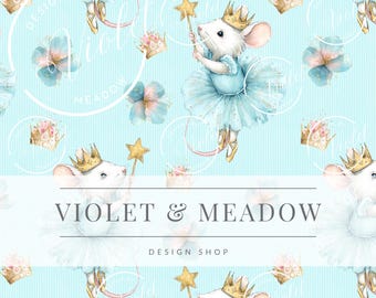 Ballerina Mouse Seamless Pattern, Watercolor Princess Fabric Print, Cute Kids Digital Paper, Commercial Use, Instant Download