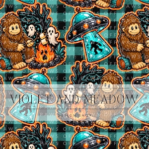 May include: A repeating pattern featuring brown Bigfoot creatures sitting on logs by campfires with ghosts, and UFOs with silhouettes of Bigfoot, set against a teal and black buffalo plaid background with the text VIOLET AND MEADOW DESIGN SHOP.