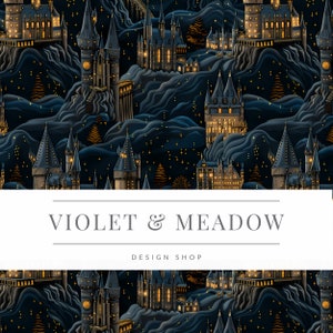 May include: A seamless pattern featuring a dark blue background with multiple illuminated castles, trees, and stars. The text "VIOLET & MEADOW DESIGN SHOP" is centred at the bottom of the image.