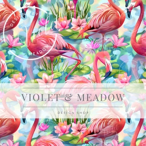 May include: A seamless pattern featuring pink flamingos, water lilies, and lush greenery. The design includes the text "VIOLET & MEADOW DESIGN SHOP" in a decorative font, set against a watercolor-style background with shades of blue and green.