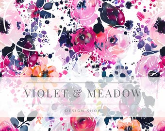 Op de afbeelding: Waterverf bloemenpatroon in roze, paarse en oranje tinten op een witte achtergrond. Het ontwerp toont rozen en abstracte verfspatten. De tekst "VIOLET & MEADOW DESIGN SHOP" staat onderaan.