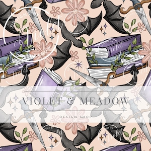 May include: A repeating pattern featuring bats, daggers, books, and flowers in a whimsical design. The color palette includes shades of purple, black, and peach. The text "VIOLET & MEADOW DESIGN SHOP" is displayed across the image.
