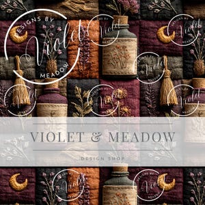 May include: A patchwork design featuring botanical illustrations, decorative bottles, and crescent moon shapes in a palette of burgundy, brown, and orange. The text "VIOLET & MEADOW DESIGN SHOP" is displayed across the center of the image.
