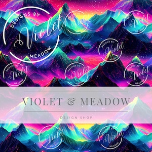 May include: A vibrant digital art print featuring a mountain range in shades of purple, blue, and green, with a bright yellow and orange sky. The design includes the text "VIOLET & MEADOW DESIGN SHOP" and the logo "DESIGNS BY Violet MEADOW".