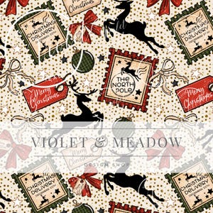 May include: A festive Christmas-themed pattern featuring reindeer silhouettes, postage stamp designs with reindeer, and the text "Christmas Delivery December 25th". The design includes red bows, ornaments, and stars on a cream background.