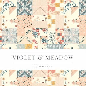 May include: A patchwork quilt design featuring a variety of floral patterns in shades of pink, blue, and yellow. The design is repeated throughout the image, creating a seamless pattern. The text "VIOLET & MEADOW DESIGN SHOP" is displayed in the centre of the image.