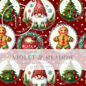 May include: A repeating pattern featuring Christmas-themed illustrations. The design includes images of a gnome, gingerbread man, Christmas tree, and a mug of hot cocoa, all set against a red background with gold polka dots. The text "VIOLET & MEADOW DESIGN SHOP" is also present.