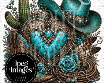 10 JPG Turquoise Western Clipart Bundle: Cowgirl Boots & Cowboy Hat Graphics (Digital Download)