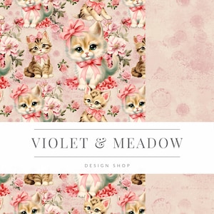 May include: A seamless pattern featuring cute cartoon kittens wearing pink bows and surrounded by pink roses and other flowers on a light pink background. The text "VIOLET & MEADOW DESIGN SHOP" is displayed in the center of the image.