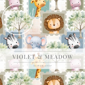 Puede incluir: Un patrón sin costuras que presenta varios animales en estilo acuarela, incluyendo una jirafa, un león, una cebra, un elefante y un hipopótamo. Cada animal está representado de una manera colorida y caprichosa, con una expresión juguetona y alegre. El patrón se establece sobre un fondo de cuadrados azules claros y marrones, creando un diseño visualmente atractivo y dinámico.