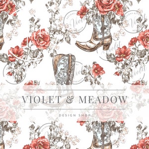 May include: A seamless pattern featuring cowboy boots and red roses on a white background. The pattern includes the text "Violet & Meadow Design Shop".
