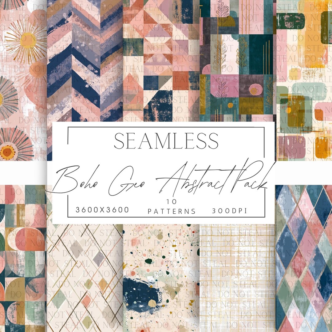 Boho Abstract Seamless Pattern Pack, Geometric Stripe Dot Plaid Digital ...