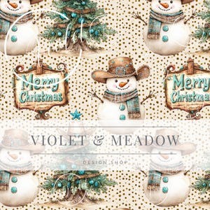May include: A repeating pattern featuring snowmen wearing hats and scarves, Christmas trees, and signs that say "Merry Christmas." The background is a light brown color with gold polka dots. The text "VIOLET & MEADOW DESIGN SHOP" is also present.