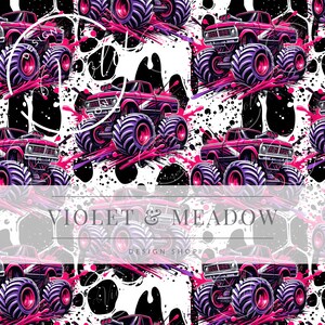 May include: A seamless pattern featuring pink and purple monster trucks with pink wheels on a white background with black splatters of paint. The text "VIOLET & MEADOW DESIGN SHOP" is at the bottom of the image.