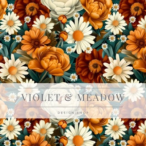 Puede incluir: Un patrón floral con margaritas blancas y naranjas, rosas naranjas y blancas y peonías blancas. El fondo es de color verde azulado. El texto "VIOLET & MEADOW DESIGN SHOP" está en el centro de la imagen.