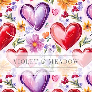 May include: A seamless pattern featuring watercolor hearts in shades of red, pink, and purple, surrounded by a variety of flowers in shades of pink, yellow, and blue. The text "Violet & Meadow Design Shop" is centered at the bottom of the pattern.