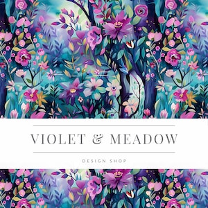 Könnte beinhalten: Ein lebendiges Blumenmuster mit violetten, rosa und blauen Blüten auf einem türkisfarbenen Hintergrund. Der Text "VIOLET & MEADOW DESIGN SHOP" ist auf einem weißen Banner dargestellt.