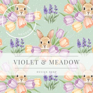 May include: A seamless pattern featuring watercolour illustrations of bunnies and tulips. The bunnies are brown and white with pink noses. The tulips are pink, purple and yellow. The background is a light green with white dots. The text "Violet & Meadow Design Shop" is at the bottom of the pattern.