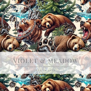 May include: A seamless pattern featuring brown bears in a woodland setting. The bears are depicted in various poses, including sleeping, walking, and roaring. The background features green trees, blue water, and paw prints. The text "Designs by Violet Meadow" is visible in the top left corner.