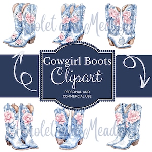 Blue Toile Cowboy Boots Clip Art, Western Wild West Cowgirl Boots Western Clipart Cowgirl Boots Png Western Watercolor Cowgirl Boots Png