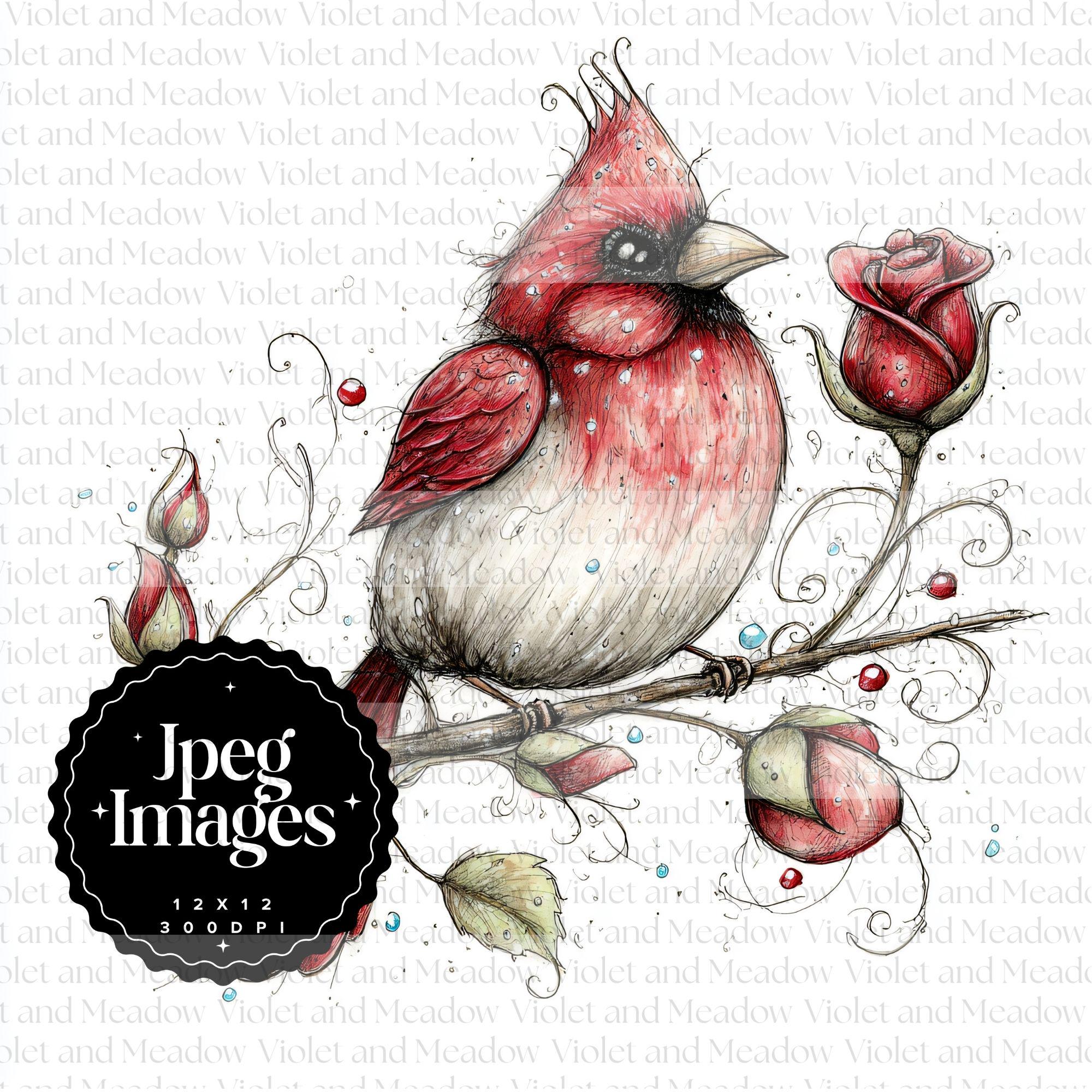 12 Cardinal Bird Rose Clipart JPG | Vintage Watercolor Red Bird Floral ...
