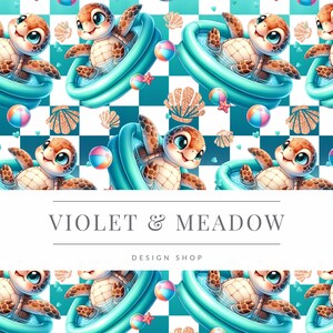 May include: A seamless pattern featuring cute cartoon turtles wearing swimsuits and floating in inflatable pools. The background is a checkered pattern of white and teal squares. The pattern is perfect for fabric, wallpaper, or wrapping paper.