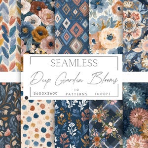 May include: A collection of ten seamless patterns with floral and geometric designs. The patterns feature a color palette of blues, oranges, and pinks. The text "SEAMLESS Deep Garden Blooms" is displayed, along with dimensions and pattern count.