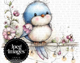Imágenes prediseñadas de pájaros primaverales con estilo de acuarela – JPEG floral (descarga instantánea)