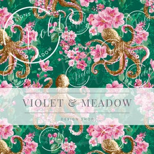 Puede incluir: Patrón repetitivo con pulpos dorados con purpurina, flores rosas y follaje verde. El texto "Violet & Meadow Design Shop" se muestra en el centro. Logotipos circulares blancos con texto están dispersos.