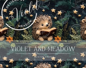 Whimsical Reading Hedgehog Seamless Illustration | Forest Embroidery-Inspired Design | Digital File for Fabric Printing