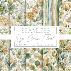 May include: A collection of ten seamless patterns featuring watercolor floral designs in sage green, cream, and peach tones. The image includes text that reads "SEAMLESS Sage Green Floral" with dimensions and resolution details.