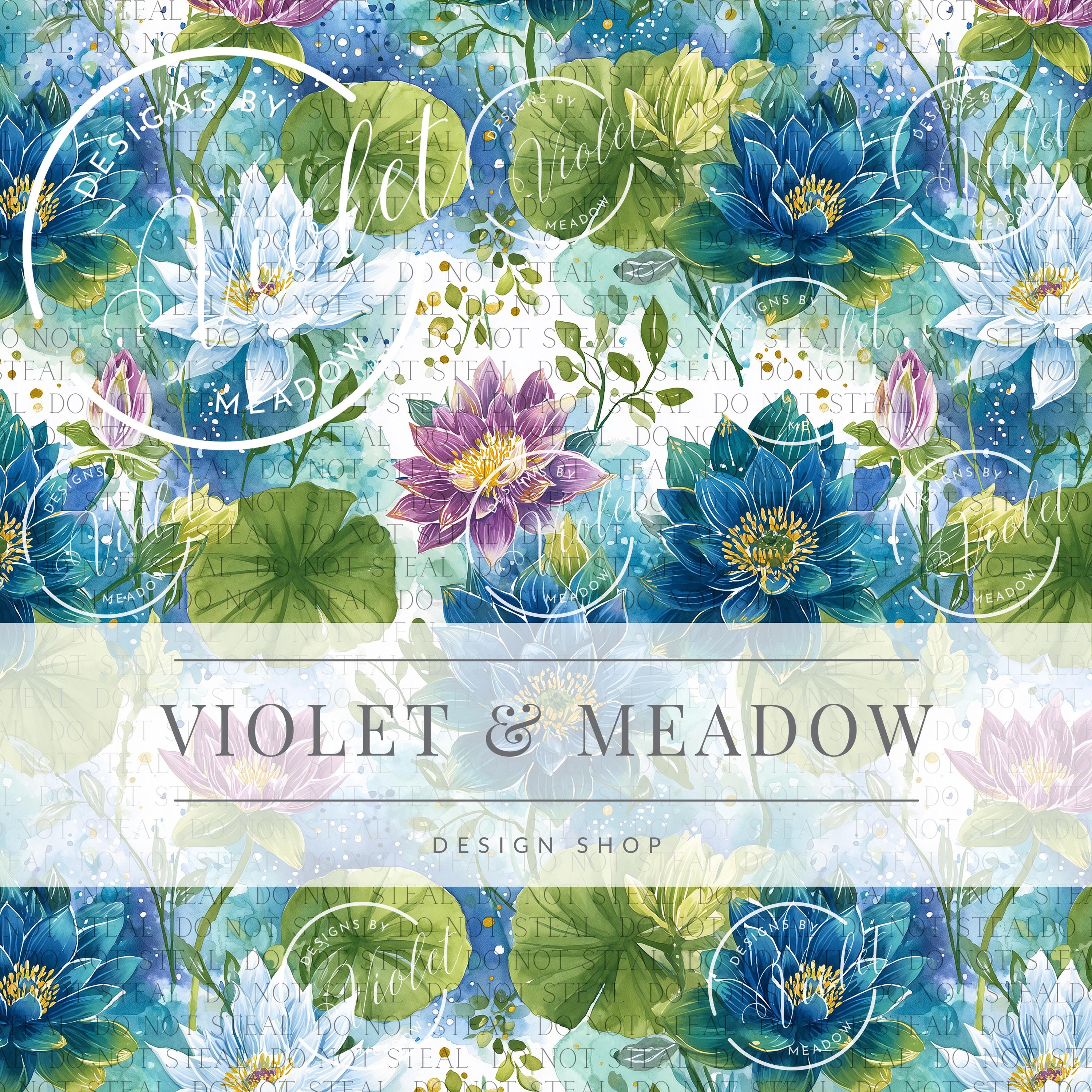 Water Lily Seamless Digital Paper, Blue Lotus Floral Watercolor Pattern ...