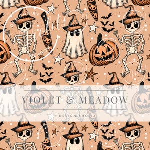 May include: Halloween-themed pattern featuring skeletons, ghosts, pumpkins, bats, stars, and witch hats in orange, black, and white. The design includes the text "VIOLET & MEADOW DESIGN SHOP" in a repeating pattern, perfect for spooky crafts.