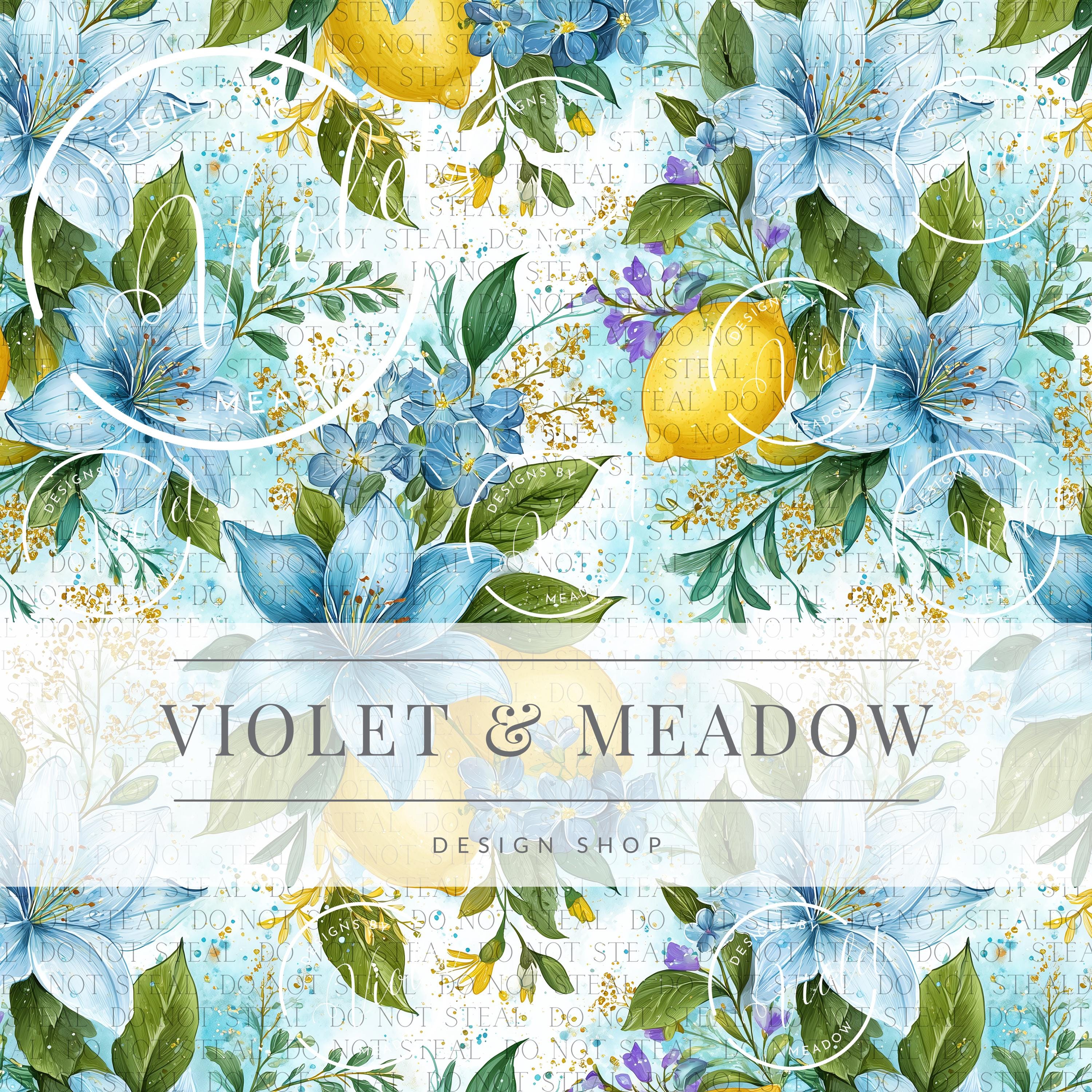 Lemon Floral Seamless Pattern | Blue Watercolor Flowers Citrus ...