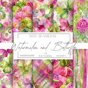 May include: Ten watercolour patterns featuring butterflies, watermelons, and floral designs in pink, green, and gold. The text "Watermelon and Butterfly" is displayed, along with the dimensions and resolution.