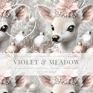 Puede incluir: Dos ciervas blancas con diademas florales rosas y collares de perlas rodeadas de adornos plateados y dorados. Las ciervas están sobre un fondo plateado brillante con el texto "VIOLET & MEADOW DESIGN SHOP".