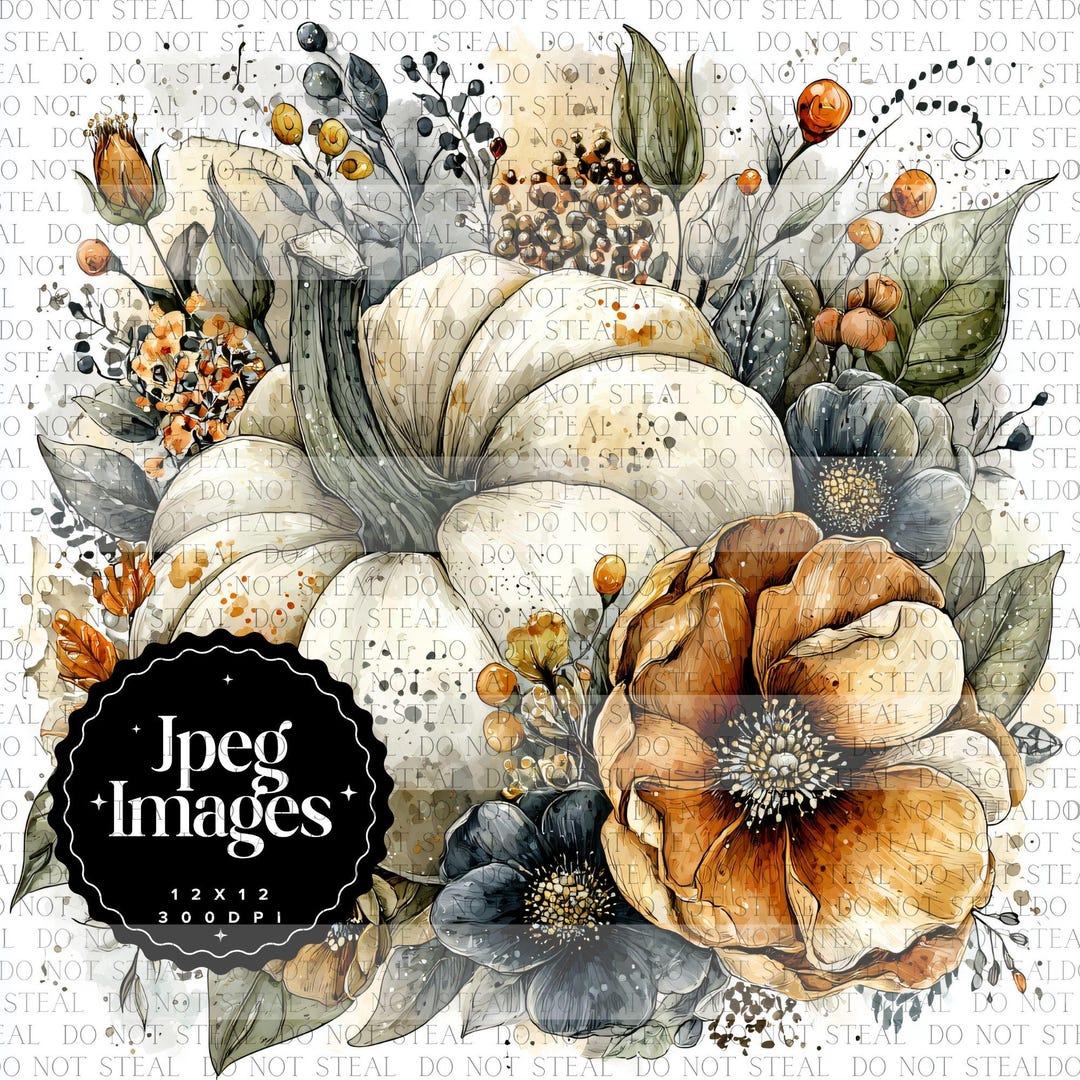 JPEG Watercolor Pumpkin Clipart Bundle JPEG Fall Floral Pumpkin Clipart ...